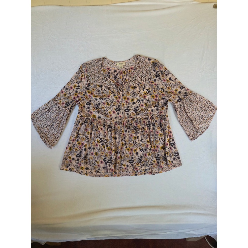 Floral Mesh Babydoll Top Bell Sleeve Peplum Blouse‎ XL Pink Boho Cottagecore